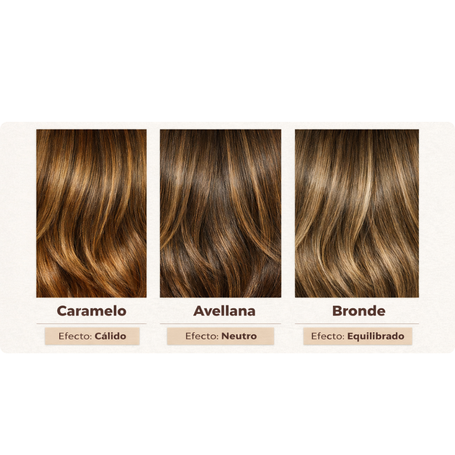 Paleta de tonos para babylights castañas caramelo, avellana y bronde